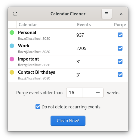 CalCleaner Screenshot: Selection of calendar to clean